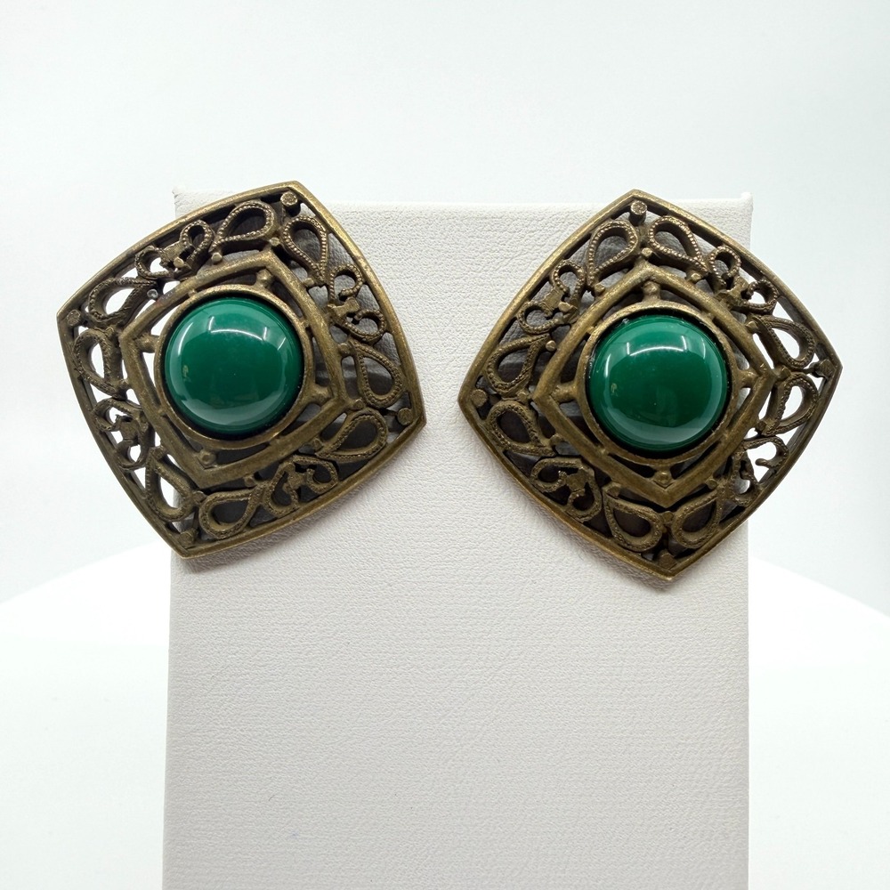 VTG Antique Bronze Green Faux Jade Filigree Clip-On Earrings